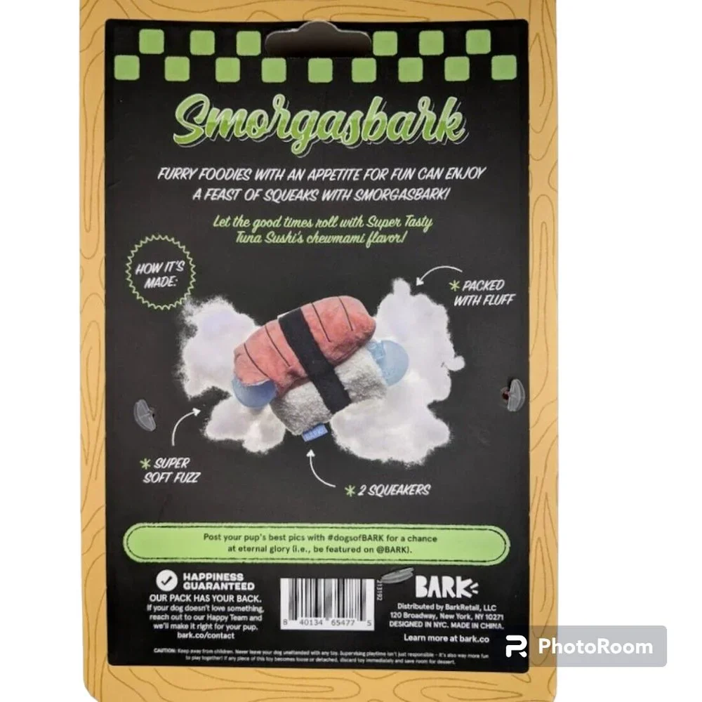 BARK Smorgasbark Super Tasty Tuna Sushi Squeaky Plush Dog Toy for De-Fluffers